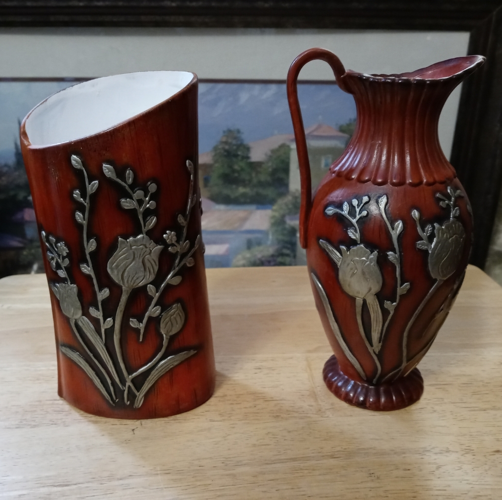 🏫2 VINTAGE FLORAL POTTERY VASE🏬🎋SIZE 8"×4"& 8.5"×4",ART NOUVEAU FLORAL DECOR. - Picture 11 of 12